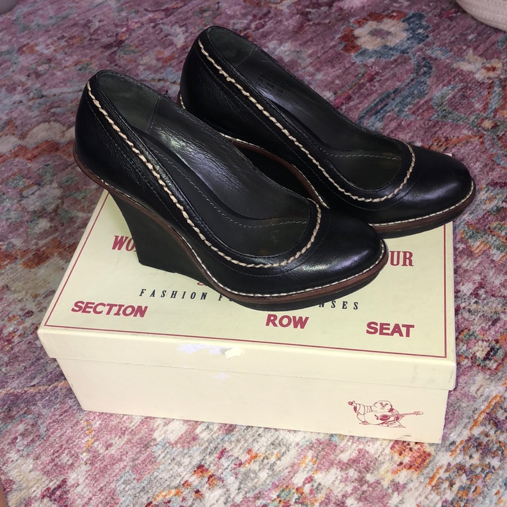 True Religion black leather wedges